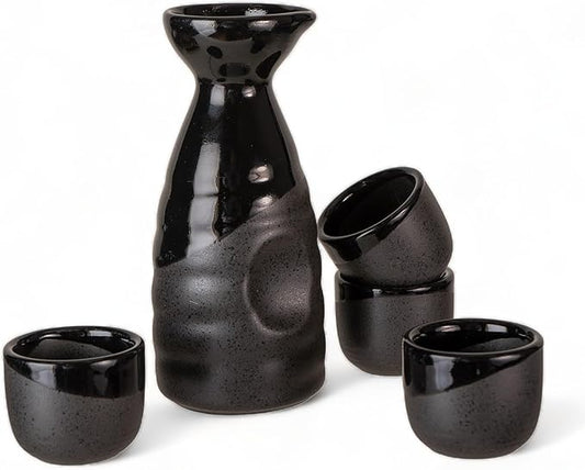 Urban Tokyo Japanese Sake 5 Piece Set Include 1 Sake Bottle and 4 Cups for Hot or Cold Sake Home or Restaurant Use Reactive Glazed Ceramic (Black Matte Gloss)