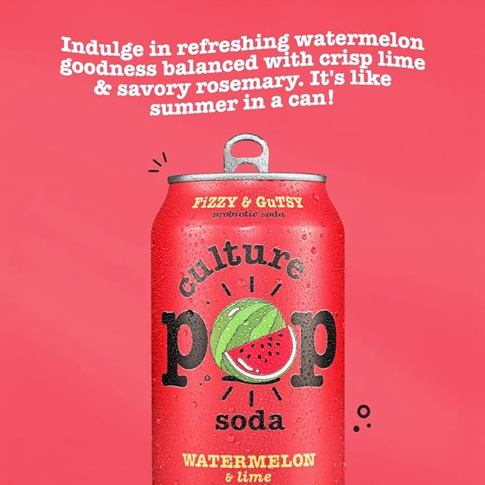 Culture Pop Soda, Watermelon & Lime, Probiotic Low Sugar Soda, Sparkling Juice Alternative, Non-GMO, Kosher, Gluten-Free, No Stevia (12pk)