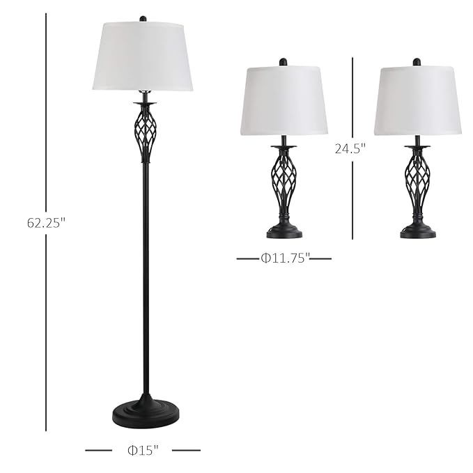HOMCOM 3 Piece Table Floor Lamp Set with Metal Pole, Round Base, and Fabric Lampshade, for Living Room, Black/White