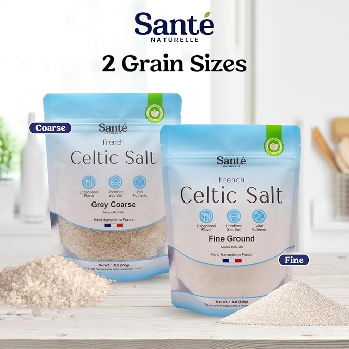 Sante Fine Ground Sea Salt From the Celtic Sea - 1.1lb (18oz) Pack of 3, Unrefined Organic French Sea Salt, Rich in 82+ Minerals Salt, 100% Natural & Hand Harvested