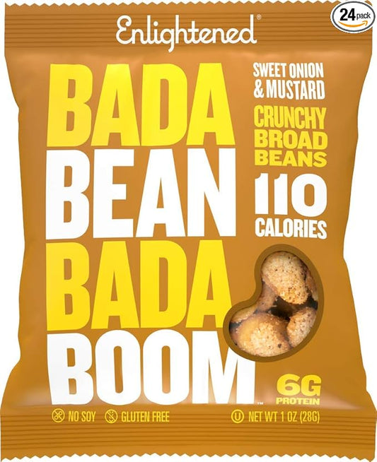 Enlightened Bada Bean Bada Boom - Plant-Based Protein, Gluten Free, Vegan, Crunchy Roasted Broad (Fava) Bean Snacks, 110 Calories per Serving, Onion & Mustard,1 Ounce (Pack of 24)