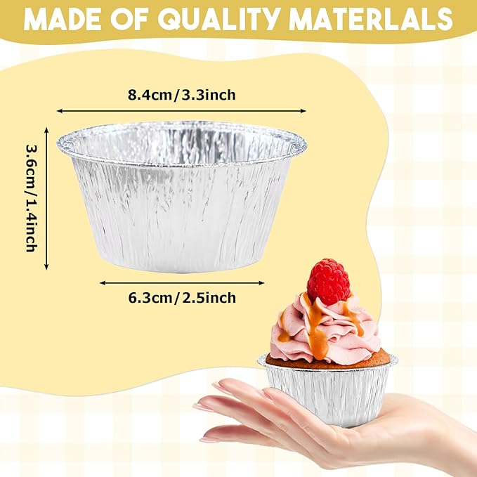 Aluminum Foil Baking Cups, 150 Pack Disposable 5 Oz Ramekins Aluminum Cupcake Muffin Liners Silver Foil Baking Cups for Egg Tart, Baking, Cupcake, Pudding, Appetize