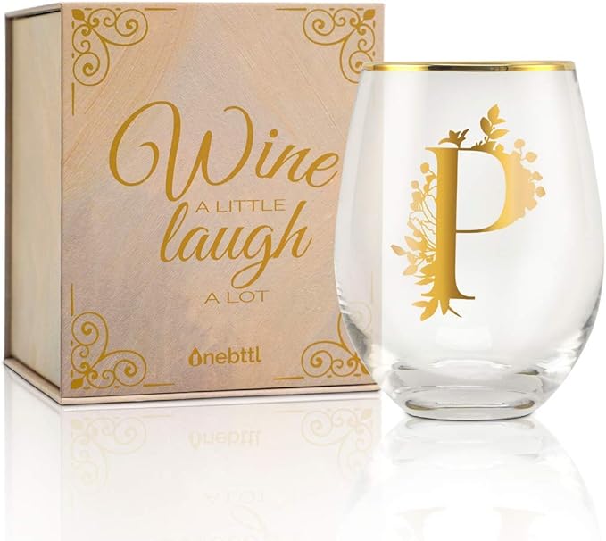 Onebttl Unique Stemless Wine Glasses, Initial Wine Cup for Red or White Wine - 18oz, Monogrammed, Gold - for Women, Girls, Female, Her, Friends, Coworkers, Clients - for Birthday, Christmas