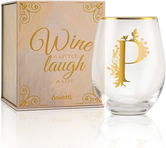 Onebttl Unique Stemless Wine Glasses, Initial Wine Cup for Red or White Wine - 18oz, Monogrammed, Gold - for Women, Girls, Female, Her, Friends, Coworkers, Clients - for Birthday, Christmas
