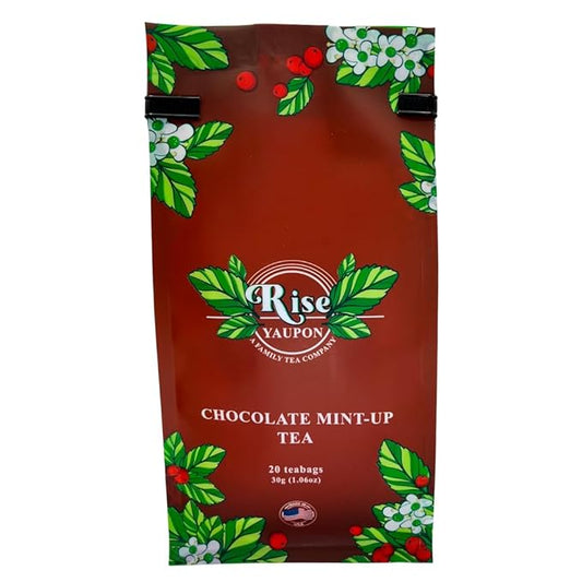 Rise Yaupon Chocolate Mint-Up Yaupon Holly Tea, 20 Teabags, 1.06oz, a blend of American-grown Yaupon Holly combined with Spearmint, Peppermint and Natural Flavor