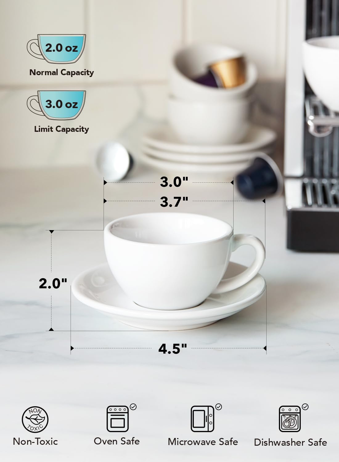 LE TAUCI 3 oz Espresso Cups with Saucers, Set of 4 Ceramic Demitasse Cup and Saucer Set for Double