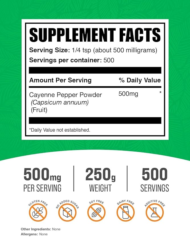 BulkSupplements.com Cayenne Pepper 40000 HU Powder - Capsaicin Supplements, Cayenne Pepper Powder - Vegan & Gluten Free, 500mg per Serving, 250g (8.8 oz) (Pack of 1)