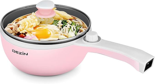 Dezin Hot Pot Electric Upgraded, Non-Stick Saut챕 Pan, Rapid Noodles Electric Pot, 1.5L Mini Portable Hot Pot for Steak, Egg, Fried Rice, Ramen, Oatmeal, Soup with Power Adjustment