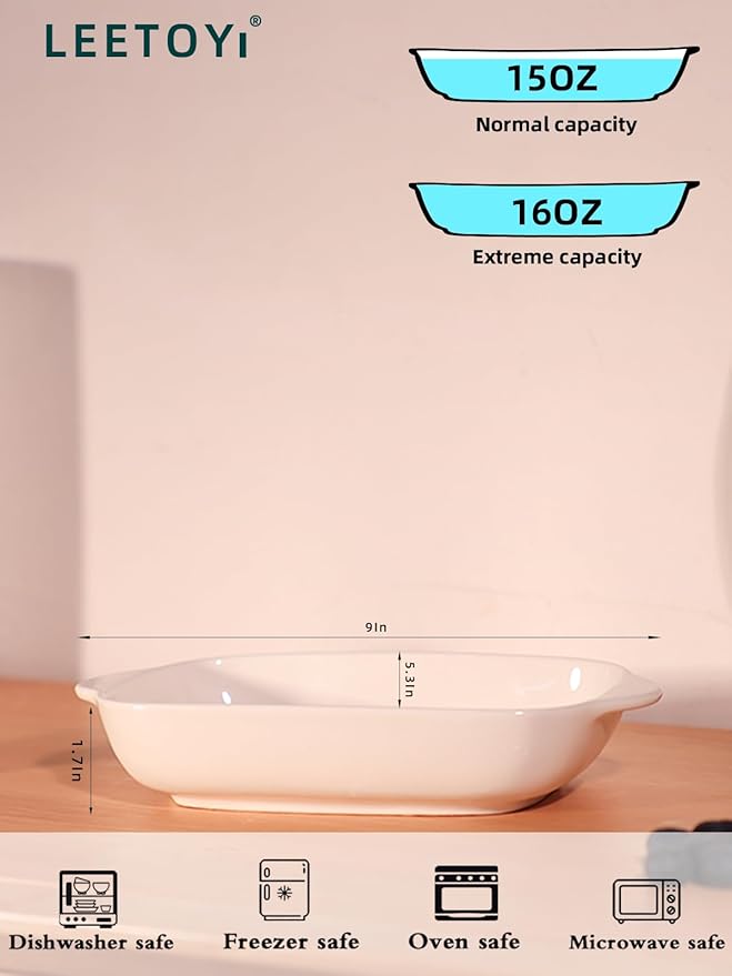 LEETOYI Ceramic Small Baking Dish, Porcelain 2-Piece Rectangular Bakeware with Double Handle, Baking Pans for Cooking and Cake Dinner 7.5"×5 (White)