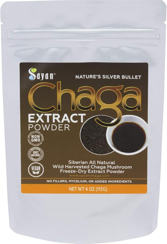 Sayan Chaga Mushroom Extract Powder (4oz) ??Freeze Dried Siberian Wild Harvested - Organic Antioxidant Tea for Immune and Digestion Support - Focus, Energy, Clarity, Wellness - No Additives