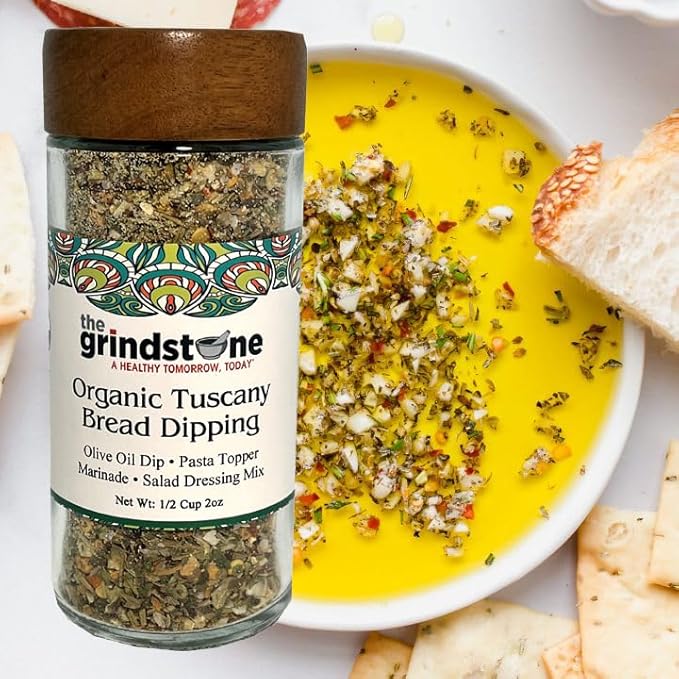 The Grindstone, Organic Tuscany bread dipping mix, perfect seasoning spice with extra virgin olive oil, bread, pasta topper, 2 oz. glass bottle with sifter, Pack of 2