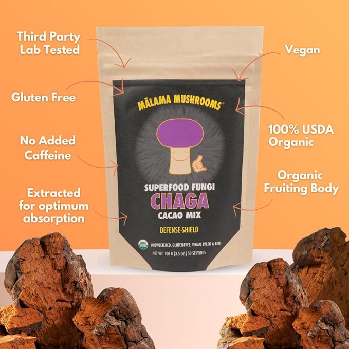 Malama Organic Mushroom Hot Cacao Mix, Chaga Mushroom Powder with Fair Trade Cacao for Immune & Antioxidant Support ??Vegan Supplement & Superfood, Non GMO, 3.5 oz (50 Servings)