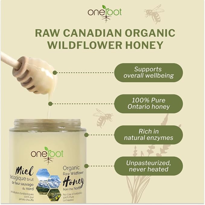 Oneroot 100% Organic Canadian Flower Honey - 17.6 Oz/1.1 Lbs, White Honey Wildflower Unfiltered, Unheated & Creamed, Nutrient Rich Raw Wildflower With Enzymes, Thick Natural Sweetener