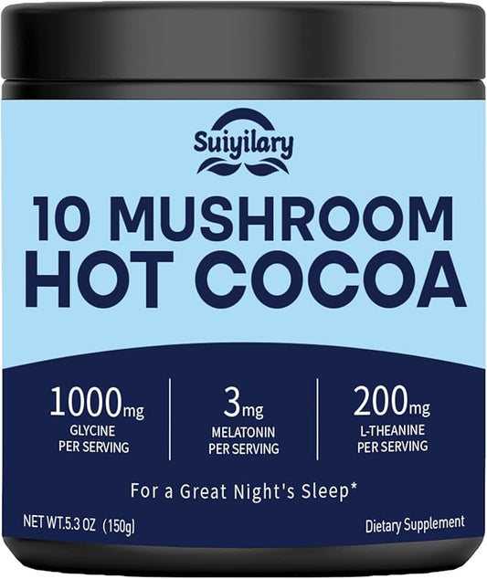10 Mushroom Hot Cocoa, 3mg Melatonin Sleep Supplement, Sugar Free Keto Cocoa Powder, Nighttime Drink, 1000mg Glycine, 200mg L-Theanine, Help Fall Asleep and Stay Asleep, 15 Servings