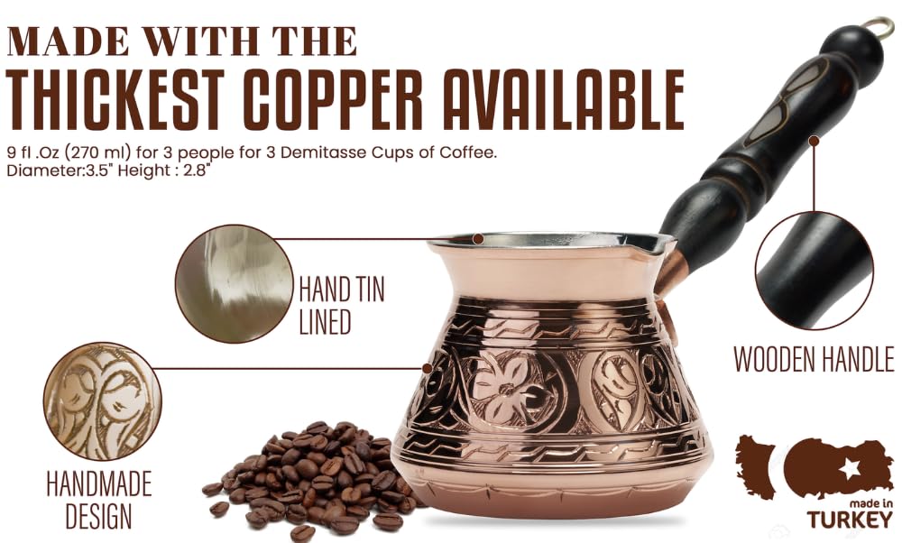 DEMMEX Copper Turkish Coffee Pot Cezve Ibrik Greek Coffee Briki Stovetop Coffee Maker with Wooden