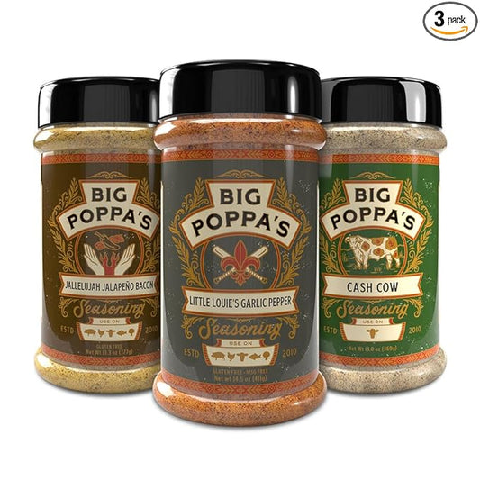Big Poppa's Gourmet Burger Kit (3-Pack) – Includes Jallelujah Jalapeño Bacon, Little Louie's Garlic Pepper & Cash Cow Beef Seasoning – Ultimate Gluten-Free BBQ Seasoning Bundle for Beef Patties