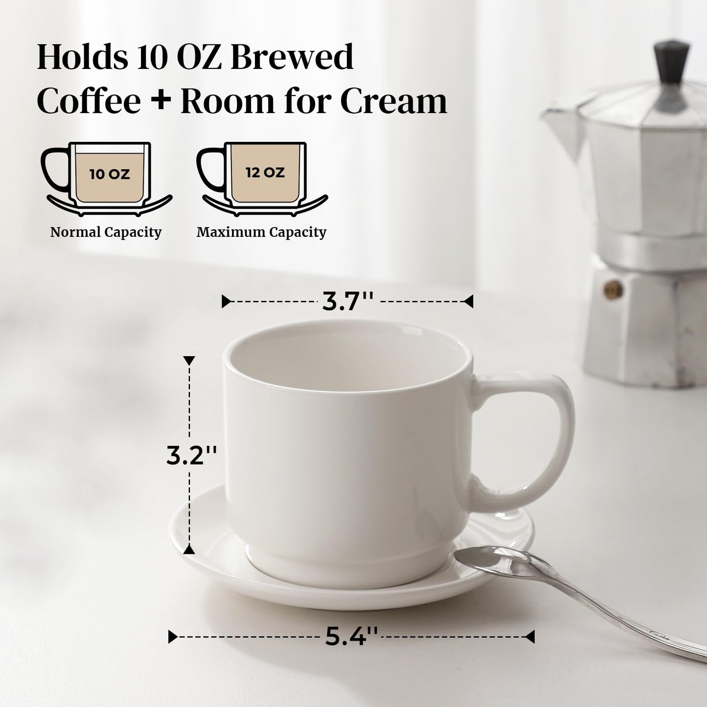 DOWAN 12oz Coffee Mugs, Cappuccino Cup and Saucer Set of 4, White Ceramic Coffee Cups for
