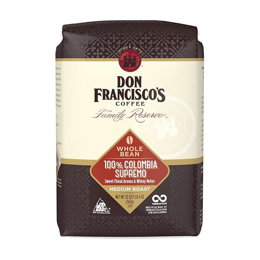 Don Francisco's Colombia Supremo Whole Bean Coffee, Medium Roast ??100% Arabica,20 oz Bag, Premium Coffee for Drip, Pour Over & French Press