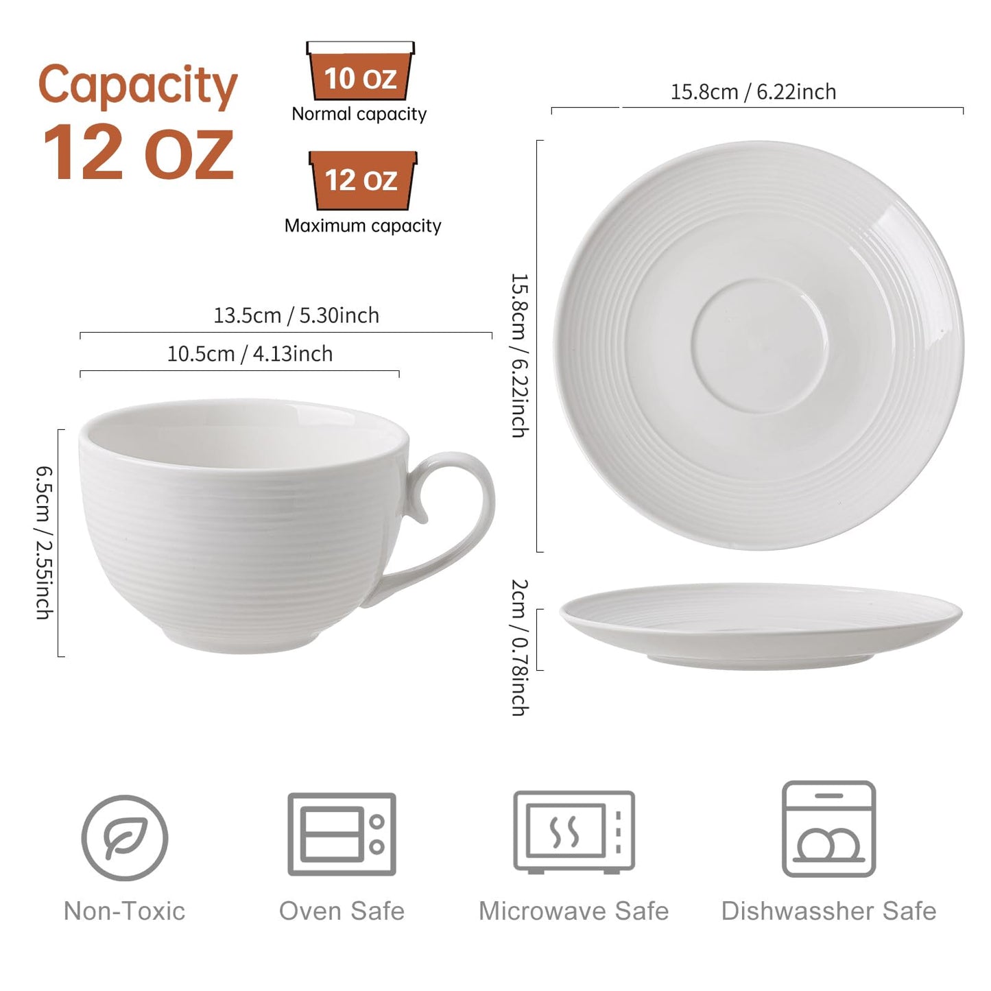 Feenmai 12 oz Cappuccino Cups with Saucers, Ceramic Espresso Coffee Cups Set of 4, White Latte Cup