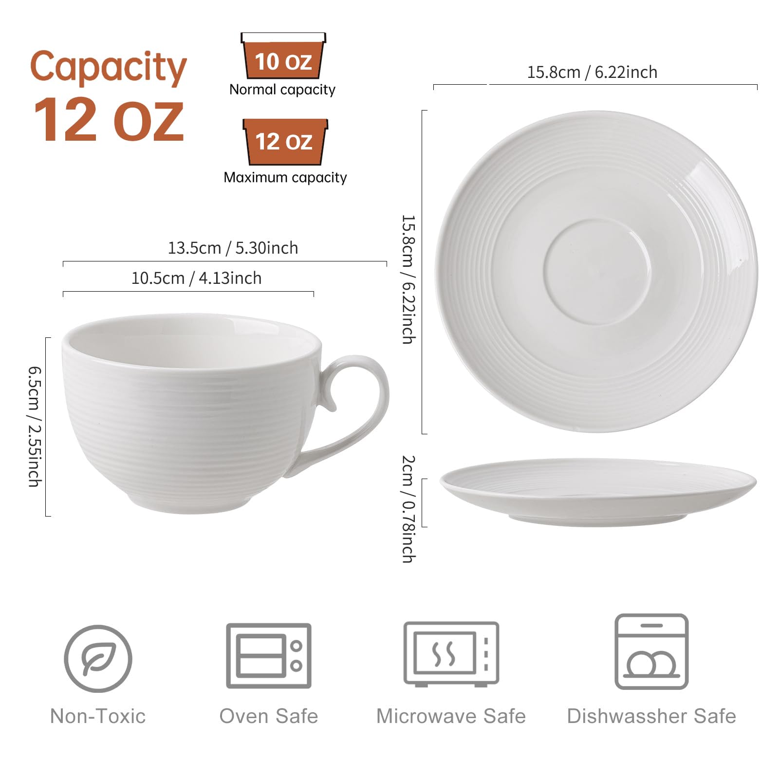 Feenmai 12 oz Cappuccino Cups with Saucers, Ceramic Espresso Coffee Cups Set of 4, White Latte Cup