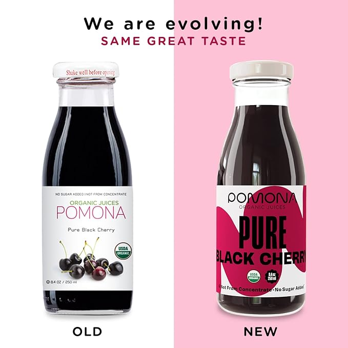 Pomona Organic Pure Black Cherry Juice, Cold Pressed Organic Juice, Non-GMO, No Sugar Added, Not from Concentrate, Gluten Free, Kosher Certified, Preservative Free 8.4 Ounce (Pack of 12),