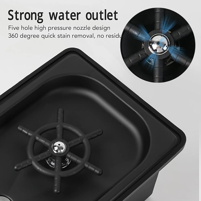 Pitcher Rinser, Stainless Steel Kitchen Sink Glass Rinser with Drain and Drip Tray, Countertop Automatic Cup Washer for Bar, Home, Cafe, Restaurant, Household & Commercial (Black) (Large)