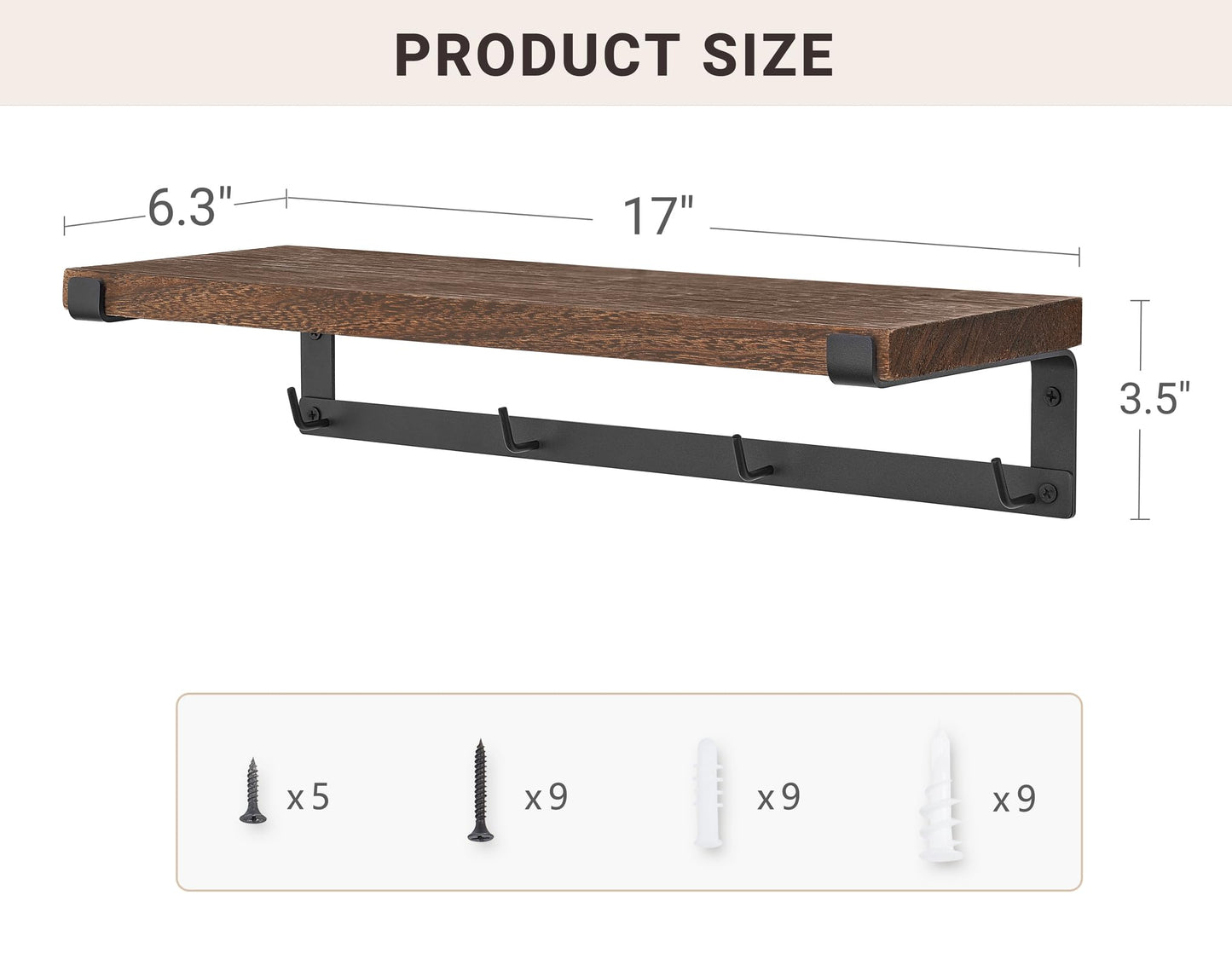 Dahey Coffee Mug Holder Wall Mount with Hooks, 2 Pack Wood Cup Shelf, Brown