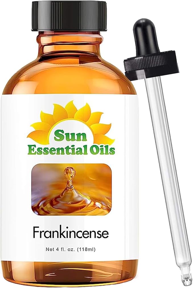 Sun Essential Oils ??4 oz Frankincense Essential Oil with Dropper for Diffuser, Skin, Face, Aromatherapy Massage, Humidifier, Warm & Resinous Scent for Candle, Lotion & Soap Making, Room Fragrance
