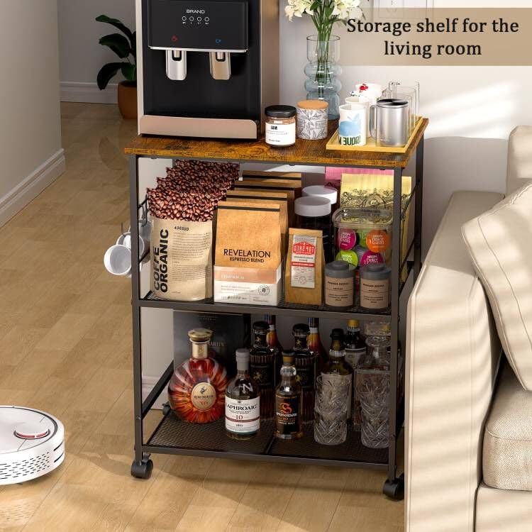 ThreeHio Rolling Kitchen Microwave Cart, 3 Tier Microwave Table Stand with Storage, Kitchen Utility