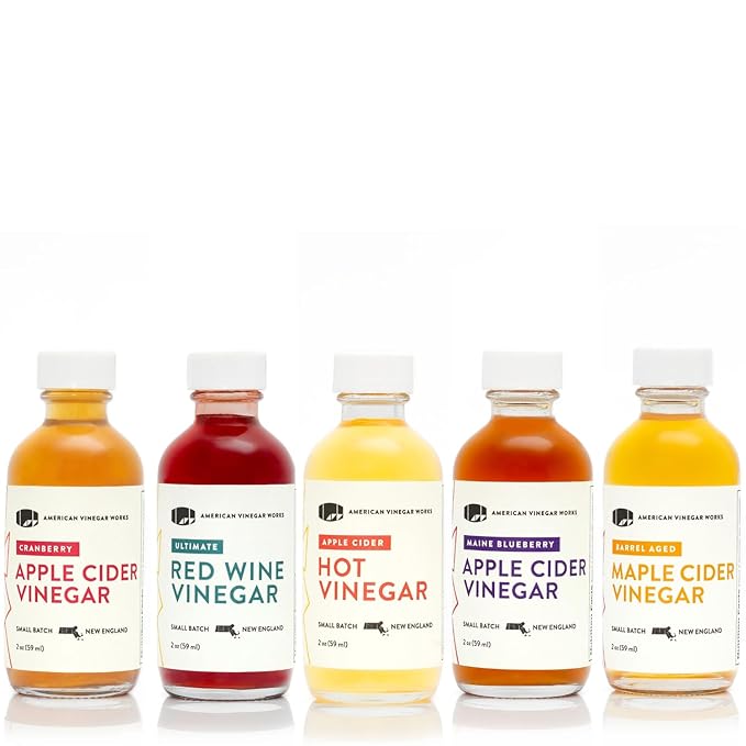 American Vinegar Works - Apple Cider Vinegar Sampler Pack - Includes Apple, Cranberry Apple, Hot Apple, Wild Blueberry, and Maple Cider Vinegars - Great for Gifts - 2oz Bottles - 5 Pack