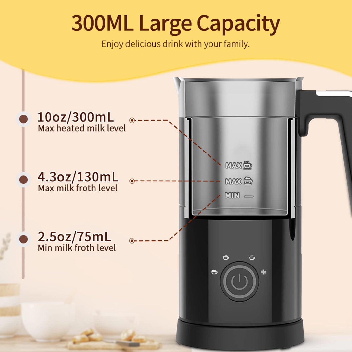4 in 1 Electric Milk Frother: 10oz/350 mL Large Capacity Electric Milk Steamer for Hot and Cold