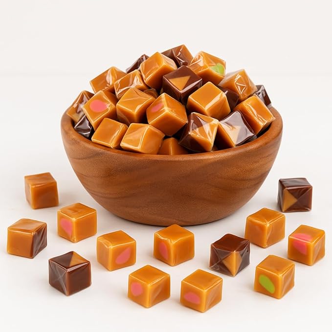 Caramel Cubes Candy Mix 5 LBS (About 375 Count) - Filled Creamy Caramels Individually Wrapped - Vanilla, Chocolate, Apple, Strawberry Assorted Chews - Bulk Gift Bag By Lyza's Sweets & Treats