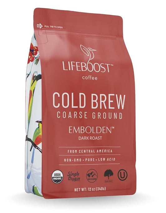 Lifeboost Dark Cold Brew Coffee - Single Origin Non-GMO USDA Organic Low Acid Coarse Ground Coffee for Cold Brew - 3rd Party Tested For Mycotoxins & Pesticides - 12 Ounces