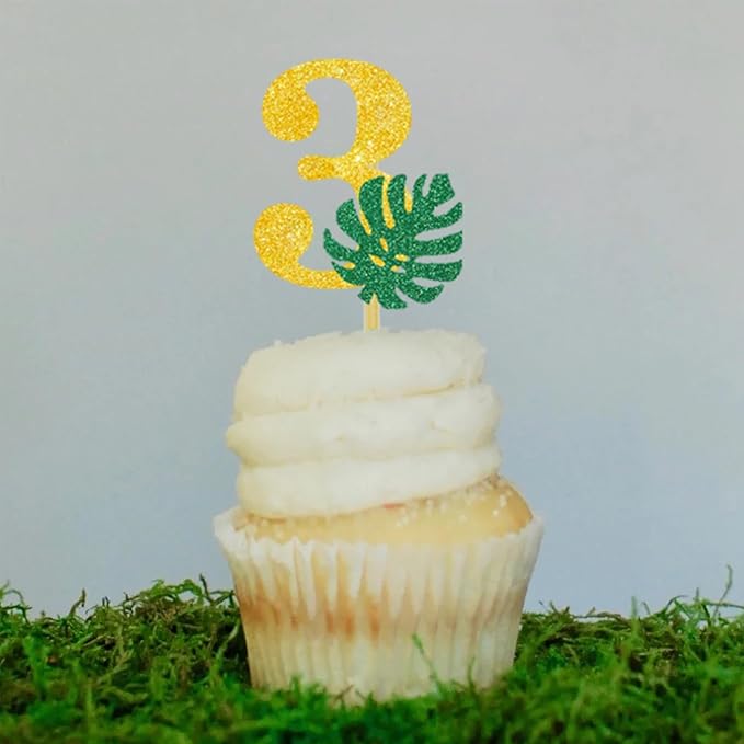 Safari Wild Three Cupcake Toppers Jungle 3rd Birthday Wild Theme Party Decoration Tropical Leaf Food Picks Gold 3