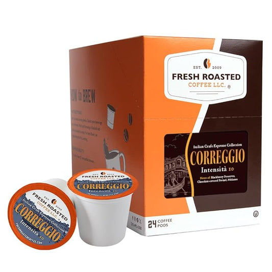 Fresh Roasted Coffee, Correggio Italian Craft Artisan Blend, Dark Roast, Kosher, 24 Pods for K cup Brewers