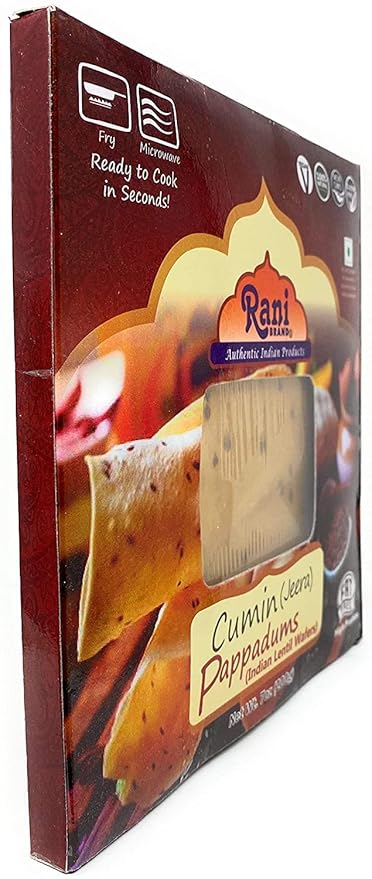 Rani Pappadums (Indian Lentil Wafer Snack) Jeera (Cumin) Papad 7oz (200g) Approximately 15pc, 7 inches, Pack of 12 ~ All Natural | Gluten Friendly | NON-GMO | Vegan | Indian Origin