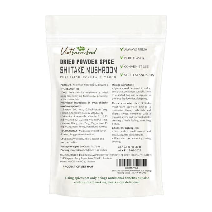 SHIITAKE MUSHROOM POWDER 1.76 Oz (50g) VIETFARMFOOD: Pure, natural freeze-dried spice made from real vegetables, fruits - perfect for enhancing every meal, from cooking, baking, salads, soups, sauces