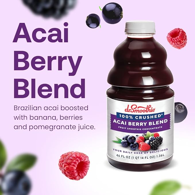 Dr. Smoothie 100% Crushed Acai Berry Blend ??No Added Sugar, Made with Real Fruits/Fruit Juice ??Vegan, No Artificial Colors or Flavors ??Brazilian Acai, Banana, Berries & Pomegranate ??46 oz Bottle