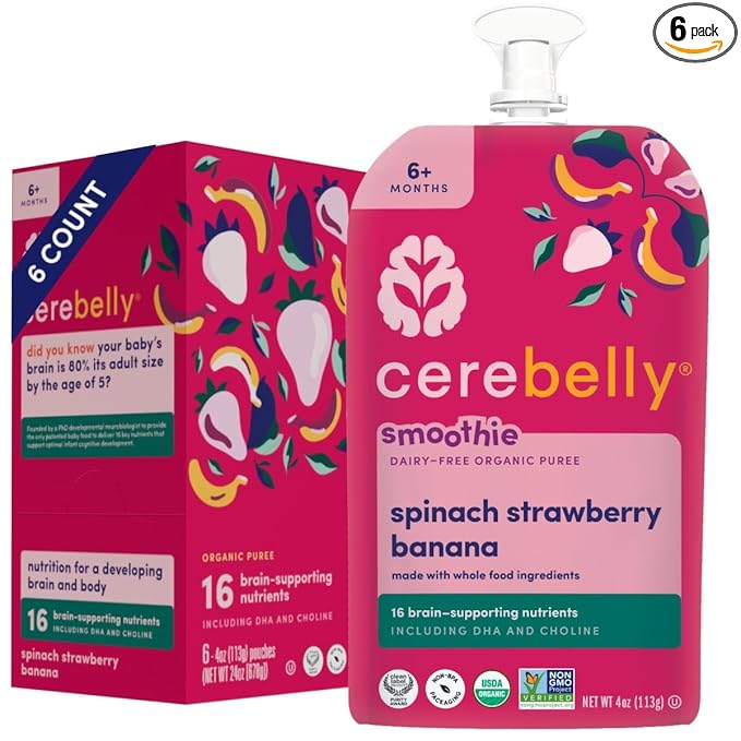 Cerebelly Baby Food Pouches ??Organic Dairy Free Smoothies for Toddlers | No Added Sugar, Fiber, Non-GMO | Baby Smoothie Pouches | 4 Ounce BPA-Free Pouch | Spinach Strawberry Banana | 6 Count
