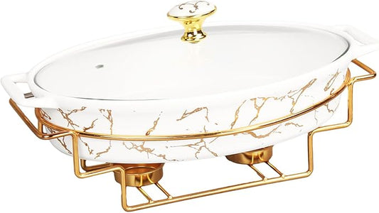 11" x 7" Ceramic Casserole Baking Dish With Glass Cover and with Golden Rack, Lasagna Pan Deep for