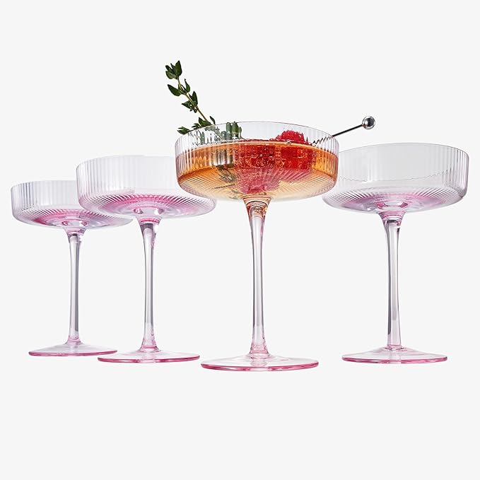 Khen Ribbed Vintage Art Deco Coupe Glasses - Martini, Champagne & Cocktail Ribbed Glasses 8oz | Cute Crystal Glassware Sets, Pink, 4 Pieces, Housewarming Gifts