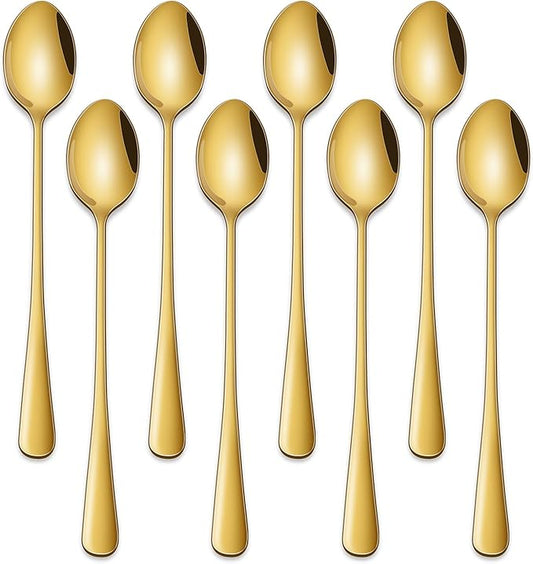 Gold 7.5 Inch Gold Iced Tea Spoons,Set Of 8 Stainless Steel Long Coffee Spoons,Long Handle Stirring Spoon For Dessert,Coctails,Ice Cream,Milk,Iced Teaspoons For Bar