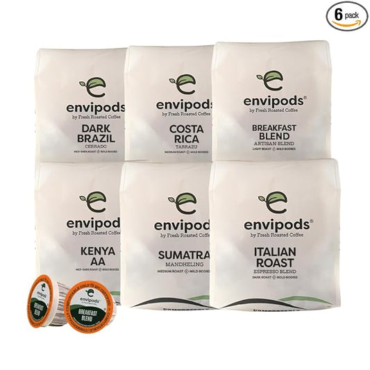 Fresh Roasted Coffee, Compostable envipods Variety Pack, Kosher, 72 Count, for Keurig K Cup Brewers | Not for use in Ninja or Hamilton Beach Brewers