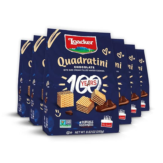 Loacker Quadratini Chocolate Wafer Cookies LARGE - 30% Less Sugar - Premium Crispy Bite Size Wafers - NON-GMO - LARGE Pack of 6