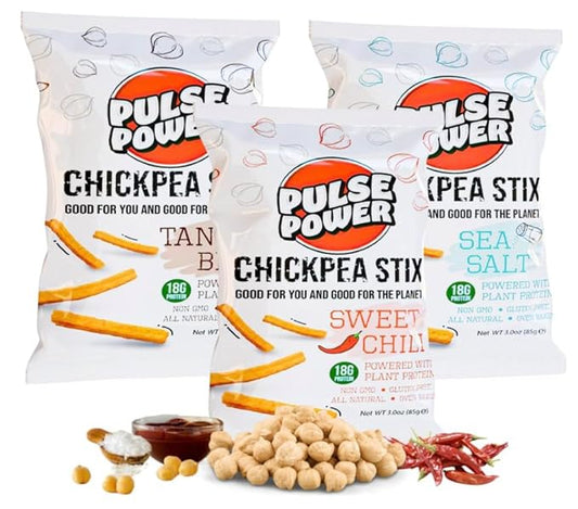 Pulse Power Chickpea Stix - Crunchy Snacks, High Protein, Gluten Free, Non-GMO, Vegan (3 pack, 3 oz) (Variety Pack)