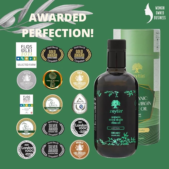 Zeytin Olive Oil Extra Virgin - GOLD MEDAL & Early Harvest - Fresh 2024 Harvest, Bottled in May 2024 - New Luxury Packaging - Vegan, Keto & Cold Pressed - Rich & Fruity (16.9fl oz - 1 Pack)