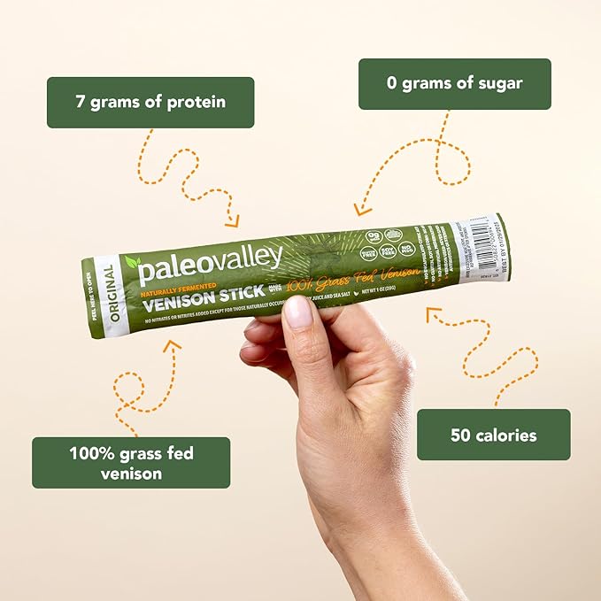 Paleovalley 100% Grass Fed Venison Sticks - 10 Pack -Keto-Friendly, High Protein, Low-Calorie Snack - Omega-3 Rich, Gluten-Free, Nitrate-Free, Naturally Flavored -Healthy On-the-Go Meat Snack
