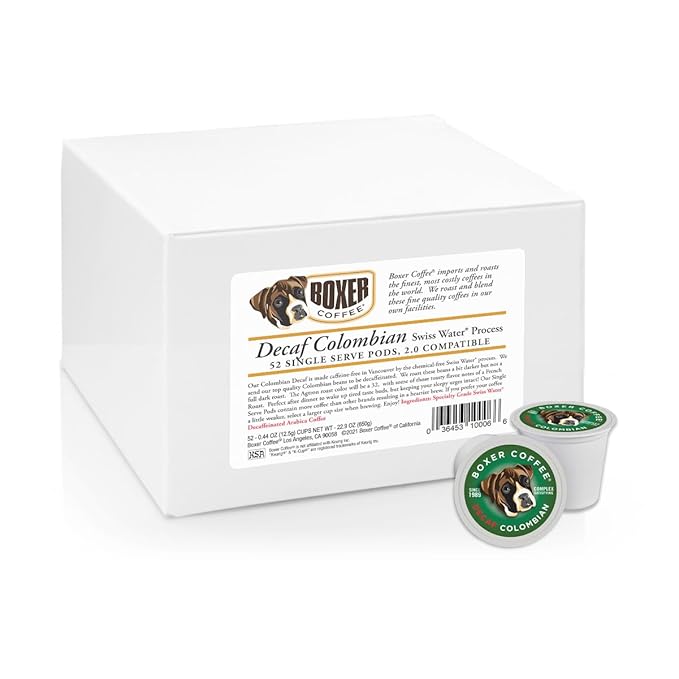 Boxer Coffee 52ct Decaf Colombian – Single-Origin, Swiss Water Process Medium Roast Coffee Pods – Specialty Grade, Artisan Single-Serve Cups – Compatible with Keurig K-Cup Brewers