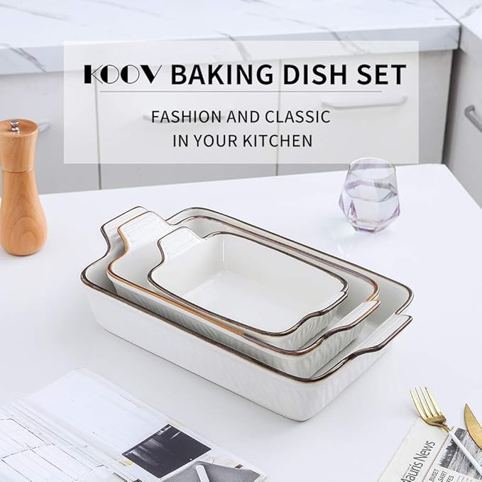 KOOV Bakeware Set, Ceramic Baking Dish Set, Rectangular Casserole Dish Set, Lasagna Pans for Cooking, Cake Dinner, Kitchen, 9 x 13 Inches, Texture Series 3-Piece (White)