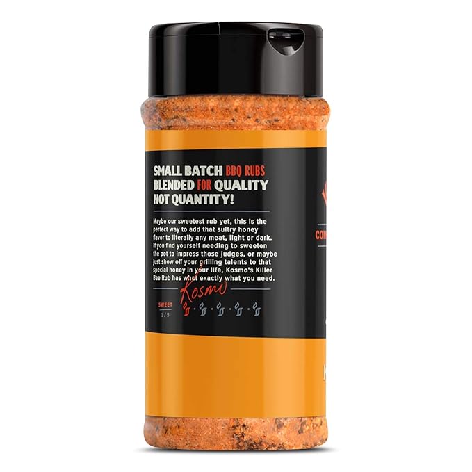 Kosmos Q Honey Killer Bee BBQ Dry Rub, Sweet Seasoning with Brown Sugar, Honey, Garlic & Paprika for Chicken, Pork, Turkey, Ribs and More, Dry Rub for Smoking & Grilling Meat, 13.2 Oz Shaker Bottle